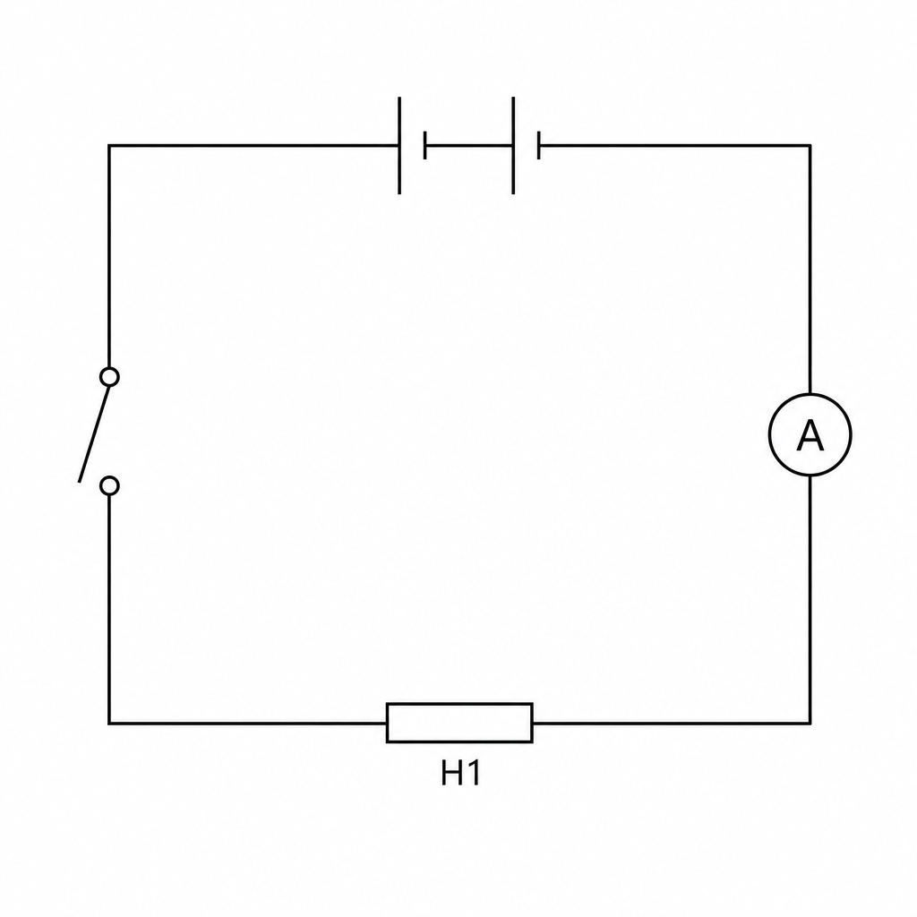Figure 1: Initial test circuit showing a battery, switch, ammeter, and heating element H1.