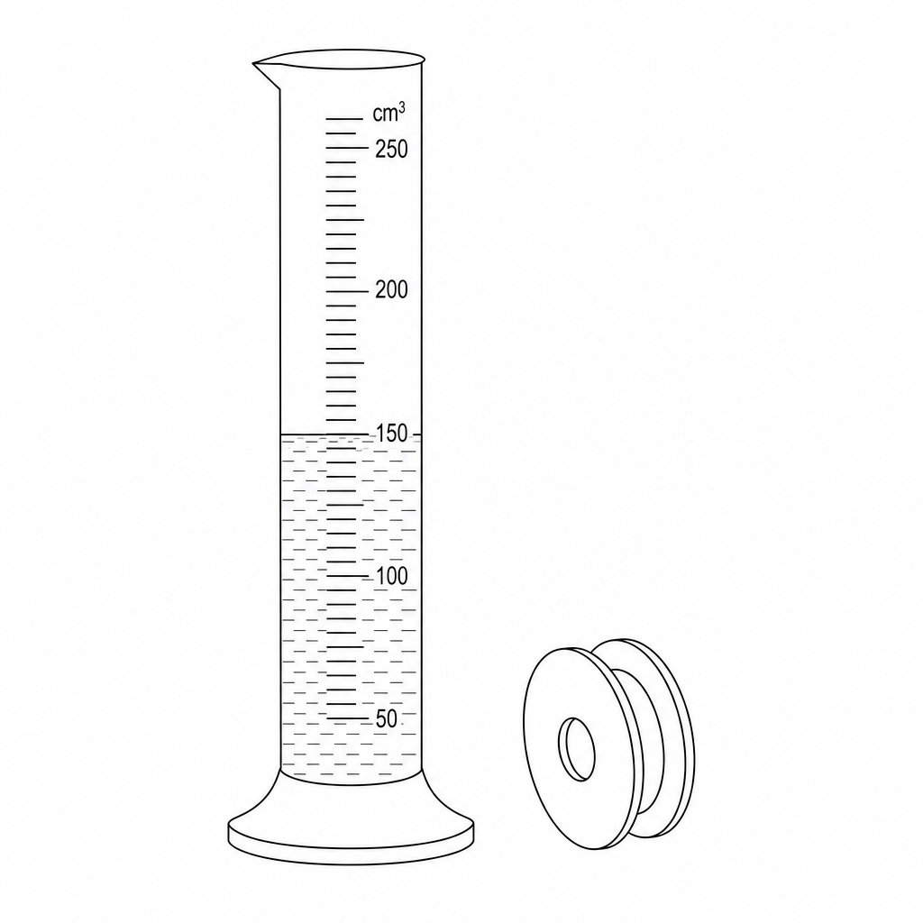 Figure 1: A graduated cylinder filled with oil to a level of 150 cm³, with a solid aluminium pulley resting next to the cylinder.