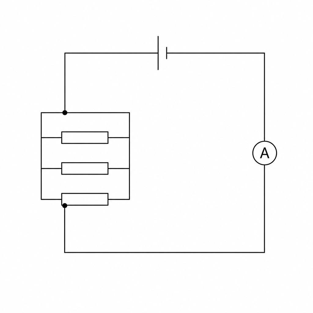 A circuit diagram containing a cell at the top, connected in series with an ammeter on the right-hand side. The circuit loop contains a parallel network of three identical resistors arranged vertically in parallel with each other on the left-hand side. There are blank wires on either side of this parallel network where another component can be added in parallel.