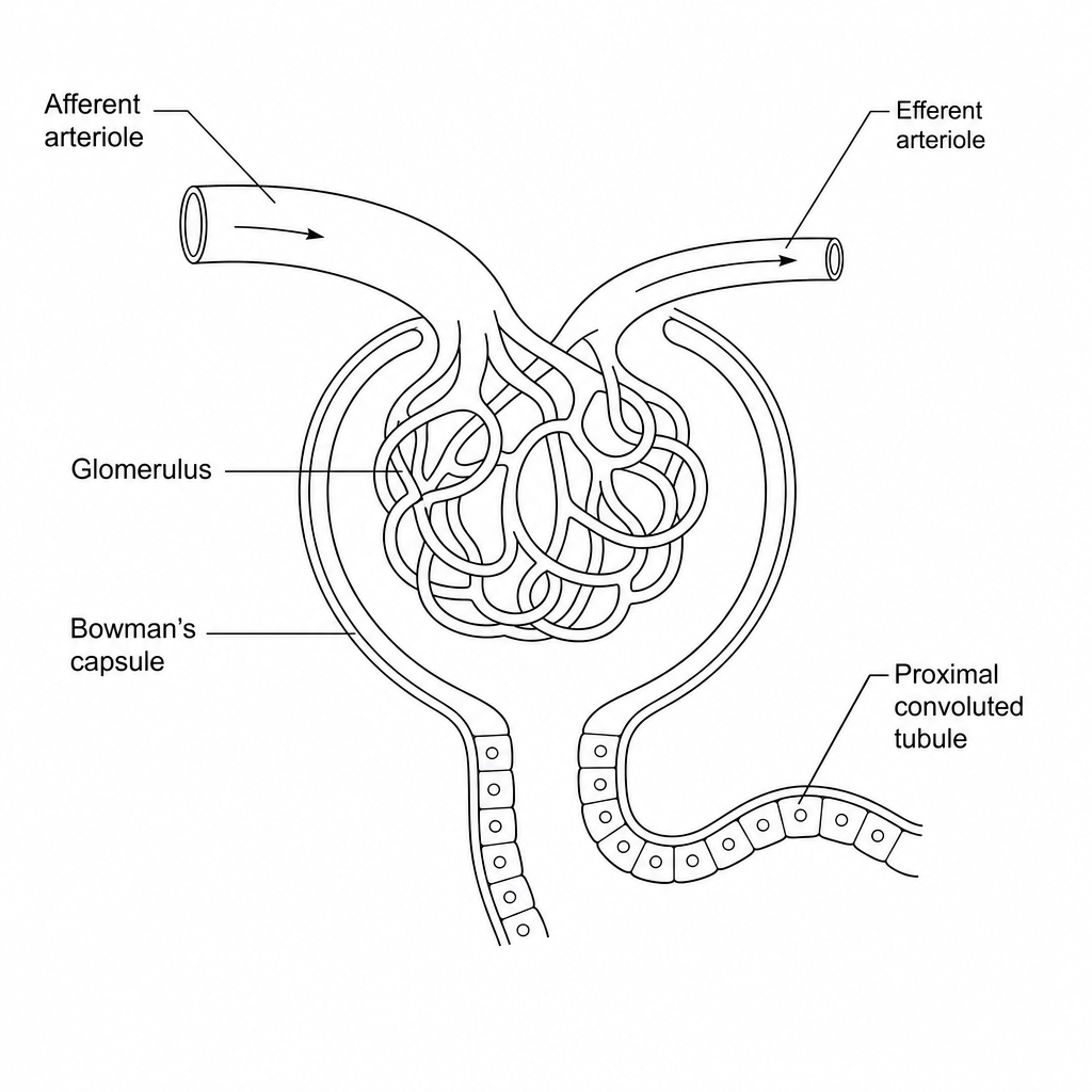 A diagram representing ultrafiltration in the renal corpuscle of a nephron. It shows a wider afferent arteriole branching into a tight network of capillaries called the glomerulus, which then exit via a narrower efferent arteriole. Surrounding the glomerulus is the double-walled, cup-like Bowman's capsule, leading into the proximal convoluted tubule.
