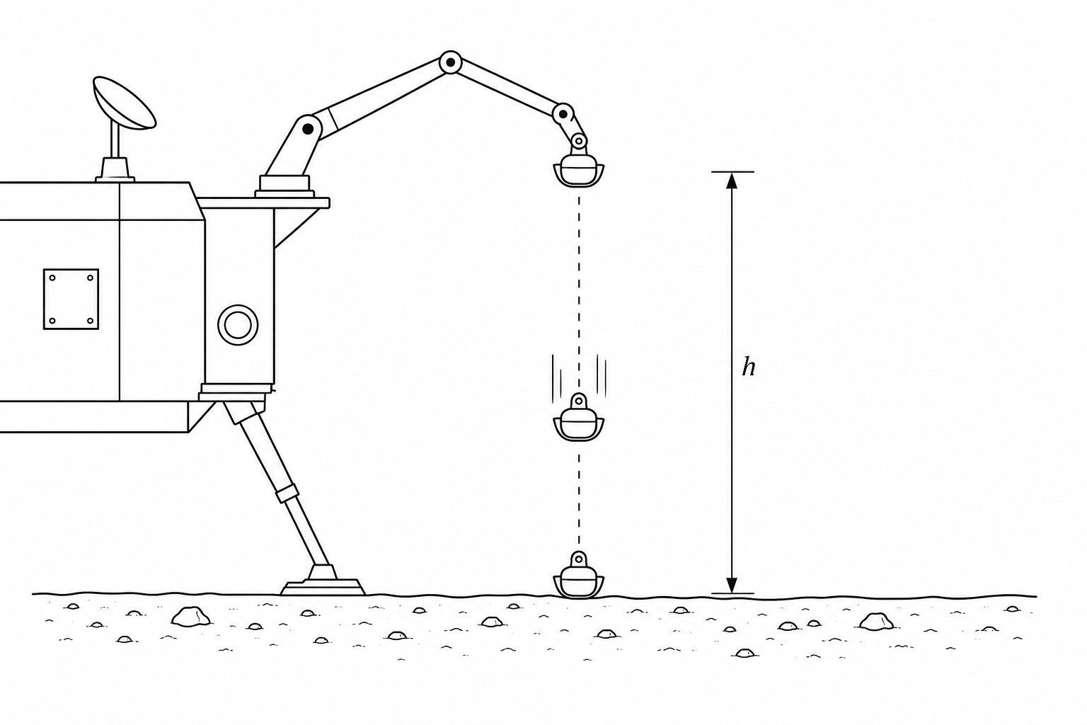 Lunar lander robotic arm dropping a sampling scoop