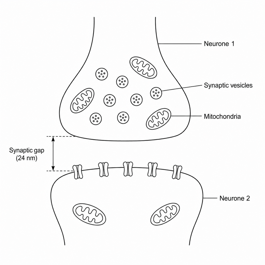 A diagram of a synapse showing the axon terminal of neurone 1 at the top, containing spherical vesicles and oval-shaped mitochondria with internal folds. Below neurone 1 is a narrow synaptic gap of 24 nanometres. Underneath this gap is the membrane of neurone 2, which also contains mitochondria in the cytoplasm.