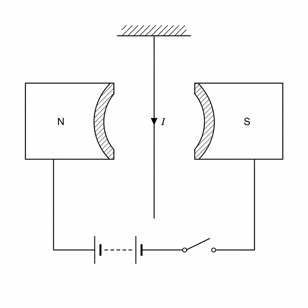 A straight vertical wire is shown positioned between the horizontal poles of a U-shaped magnet. The North pole is on the left (labelled N) and the South pole is on the right (labelled S). An arrow on the vertical wire points downwards, indicating the direction of the conventional current flow. The wire is connected to a simple circuit containing a battery and a switch.