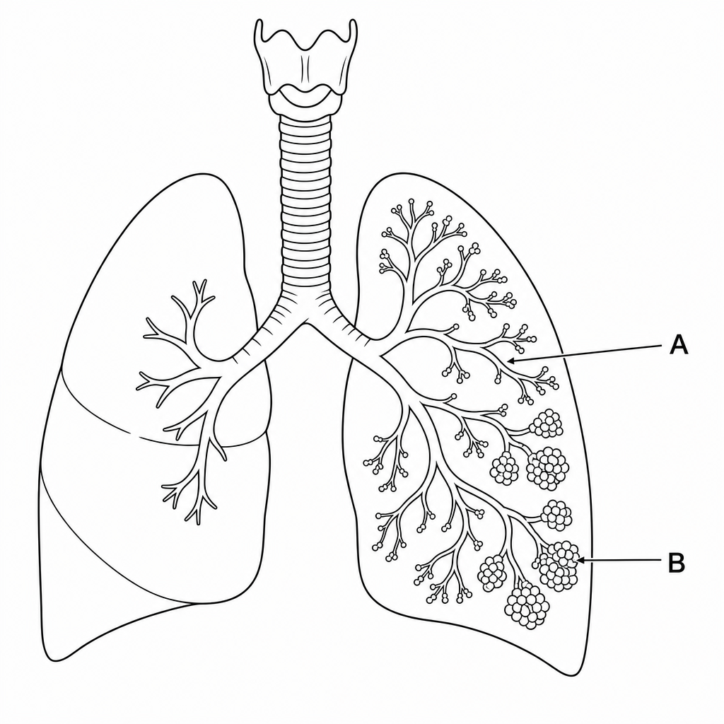A diagram of the human respiratory system. Label A points to a bronchiole. Label B points to the alveoli at the end of the bronchioles.