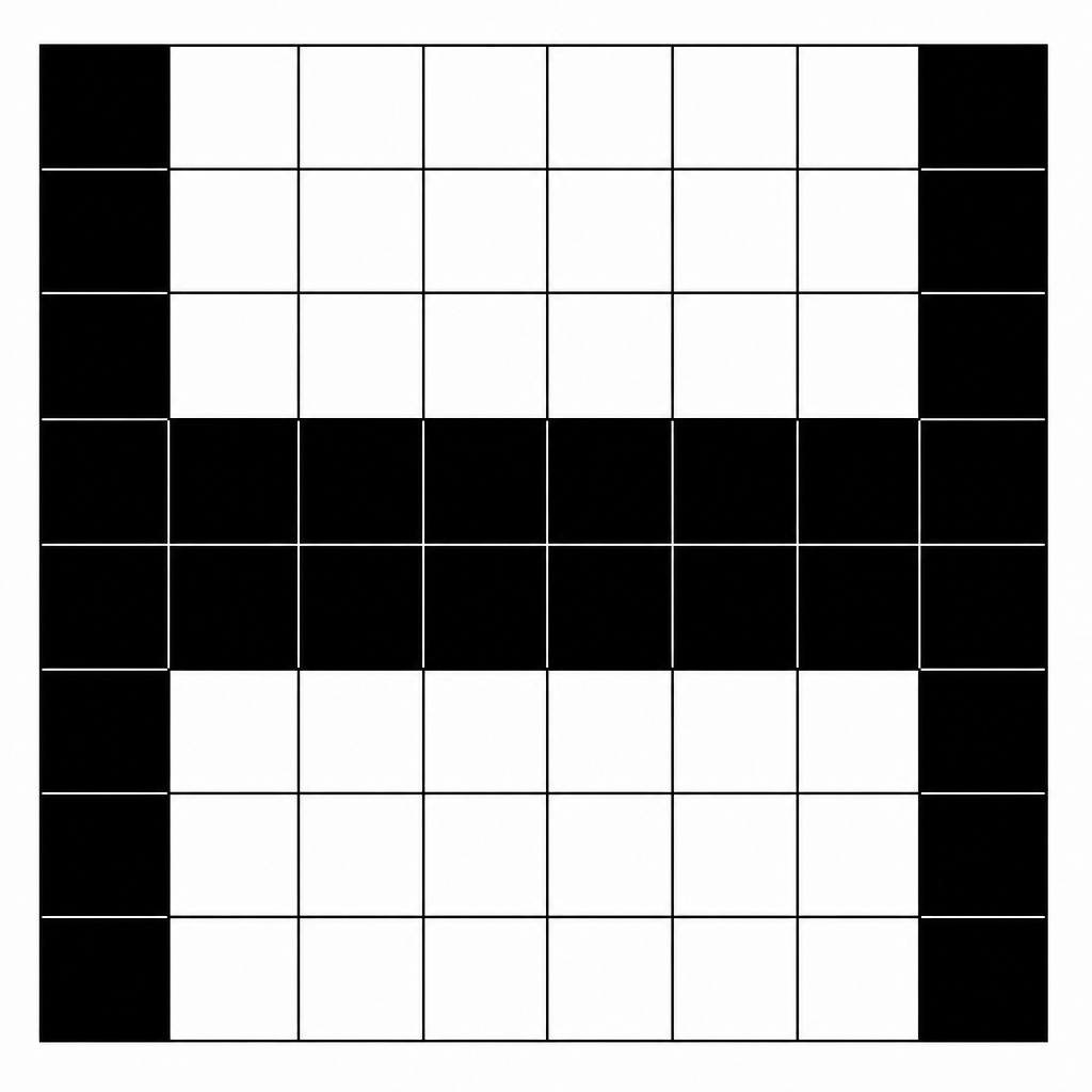 Figure 1: An 8x8 monochrome bitmap image displaying a blocky letter 'H' shape.