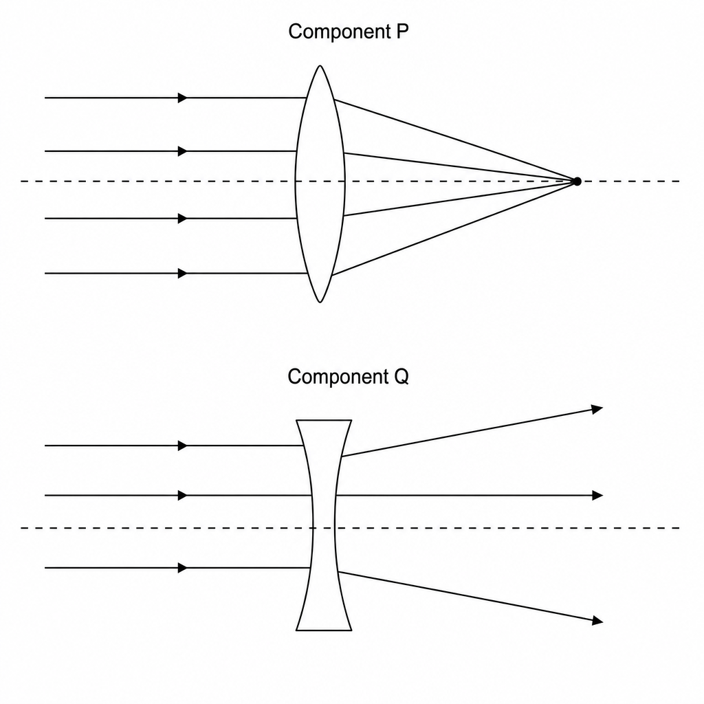 Two ray diagrams showing parallel light rays passing through Component P (convex lens) and Component Q (concave lens)
