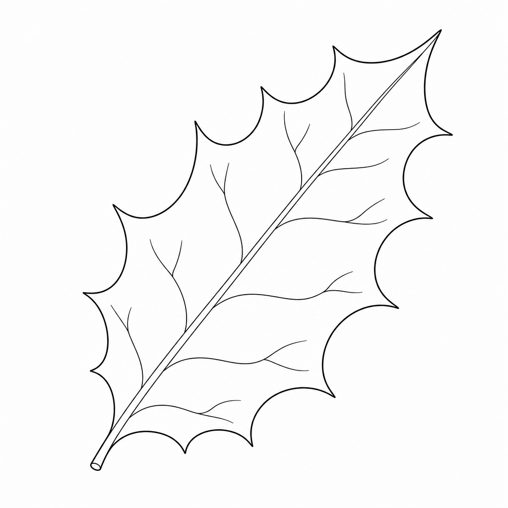 A single holly leaf with sharp spines along its wavy edges.
