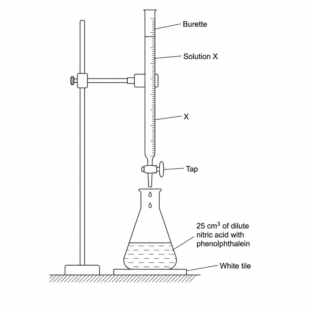 A titration setup containing a burette labeled X held on a stand, containing potassium hydroxide solution. The burette is dripping into a conical flask below which contains 25 cm³ of dilute nitric acid and phenolphthalein indicator. Below the conical flask is a white tile.