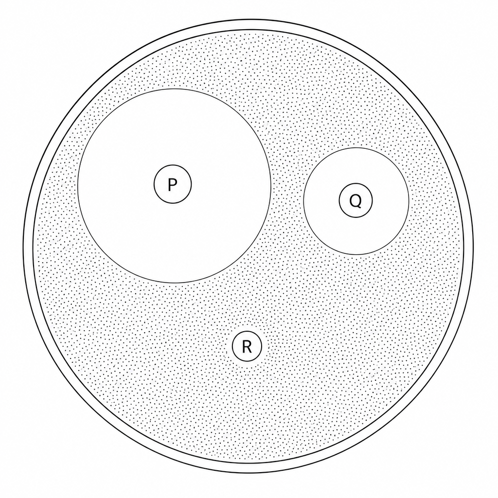A Petri dish containing nutrient agar seeded with a bacterium. Three paper discs containing different disinfectants, labeled P, Q, and R, are placed on the agar. Around P, there is a very large clear circular zone (zone of inhibition). Around Q, there is a medium-sized clear circular zone. Around R, there is a very small clear circular zone.