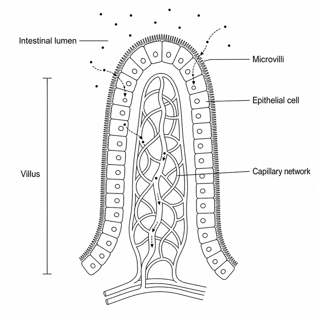 A cross-section diagram of a single villus in the human small intestine. The outer layer is composed of a single layer of epithelial cells with microvilli on their surface facing the intestinal lumen. Inside the villus is a rich network of blood capillaries. Digested nutrients like glucose are shown transitioning from the lumen, through the epithelial cells, into the blood capillaries.