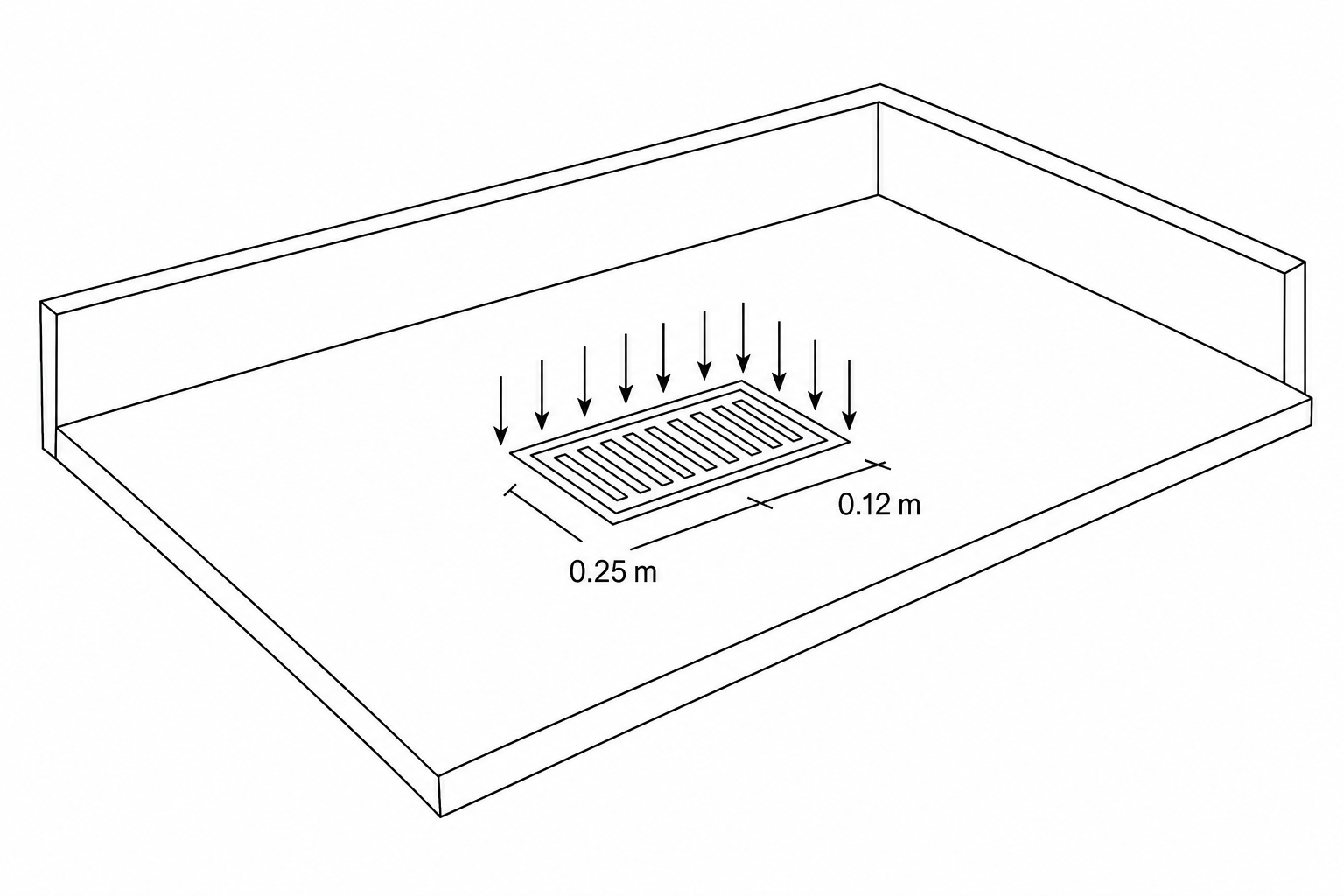 A rectangular drainage valve on a swimming pool floor with dimensions 0.25 m and 0.12 m, with downward arrows representing pressure.