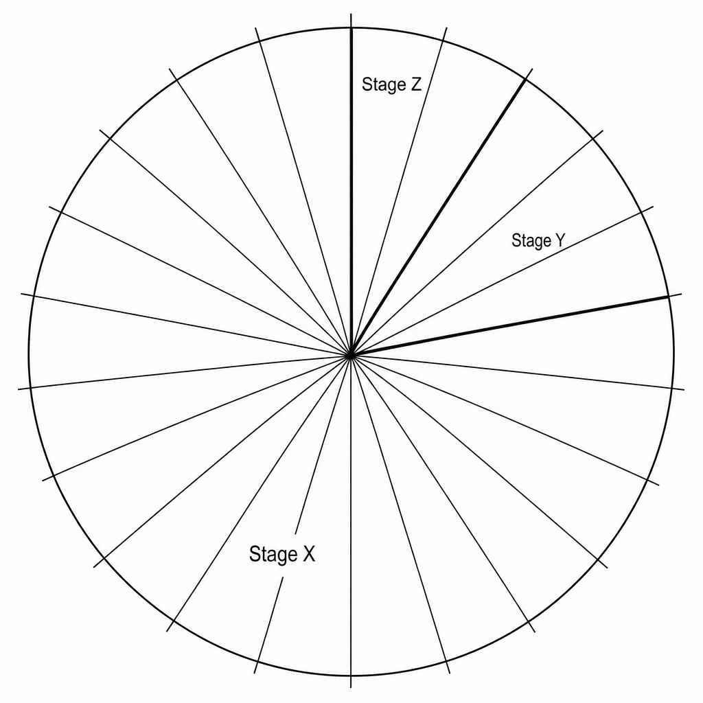 A circular cell cycle diagram divided into 24 equal sectors, with Stage X, Stage Y, and Stage Z.