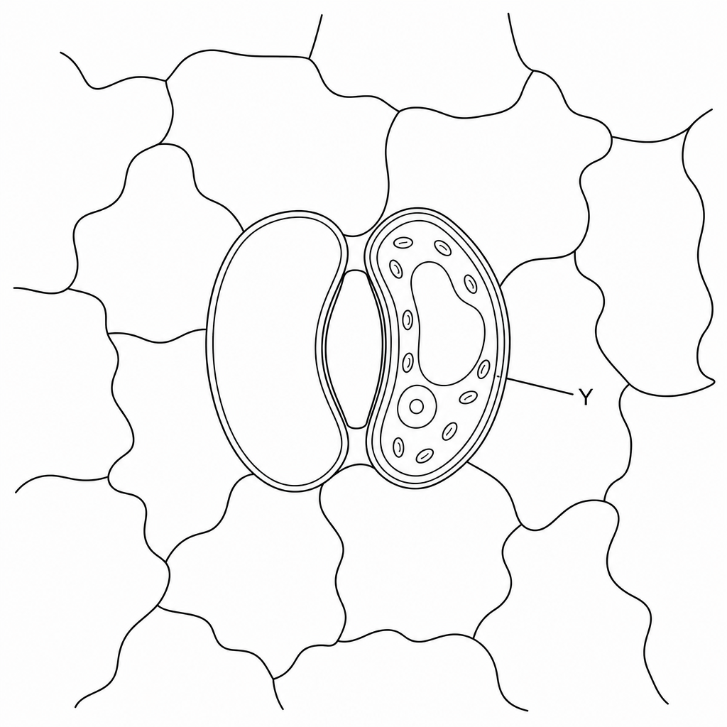 Microscope view of a plant epidermis showing epidermal cells and a pair of guard cells with one labelled Y
