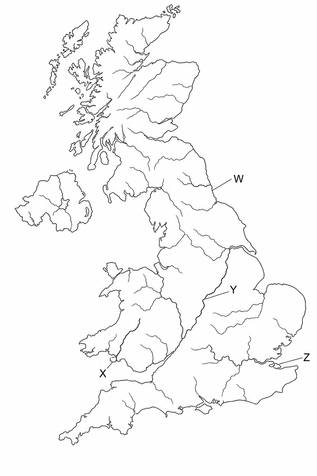 Map of the United Kingdom showing four major rivers labeled W, X, Y, and Z. Letter W is in northeast England, showing a river flowing eastwards into the North Sea near Newcastle. Letter X is in southwest England/Wales, showing a river flowing south-west into the Bristol Channel. Letter Y is in the Midlands, showing a river flowing northeast to join the Humber Estuary. Letter Z is in southeast England, showing a river flowing eastwards through London and into the North Sea.