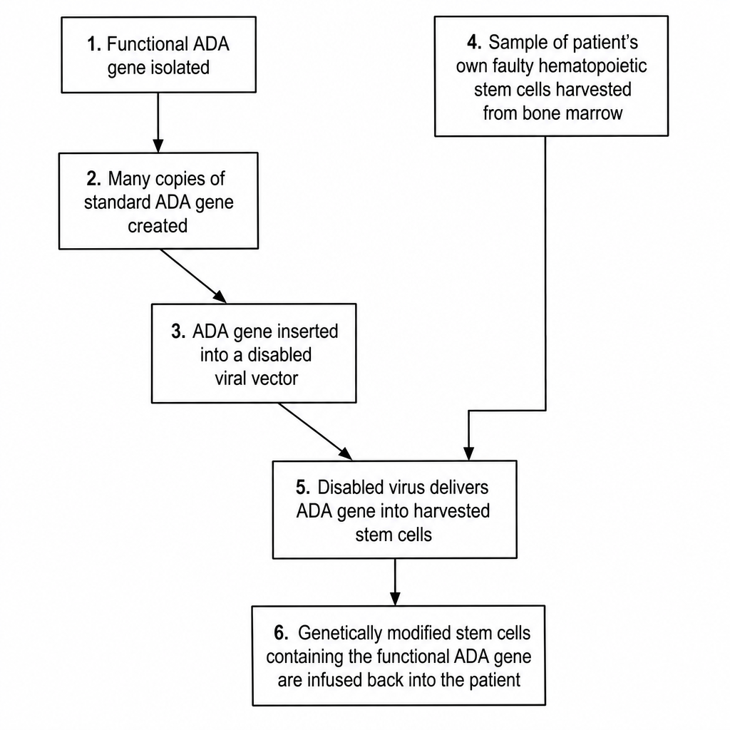 A flowchart showcasing the stages of viral-mediated gene therapy for Adenosine Deaminase (ADA) deficiency