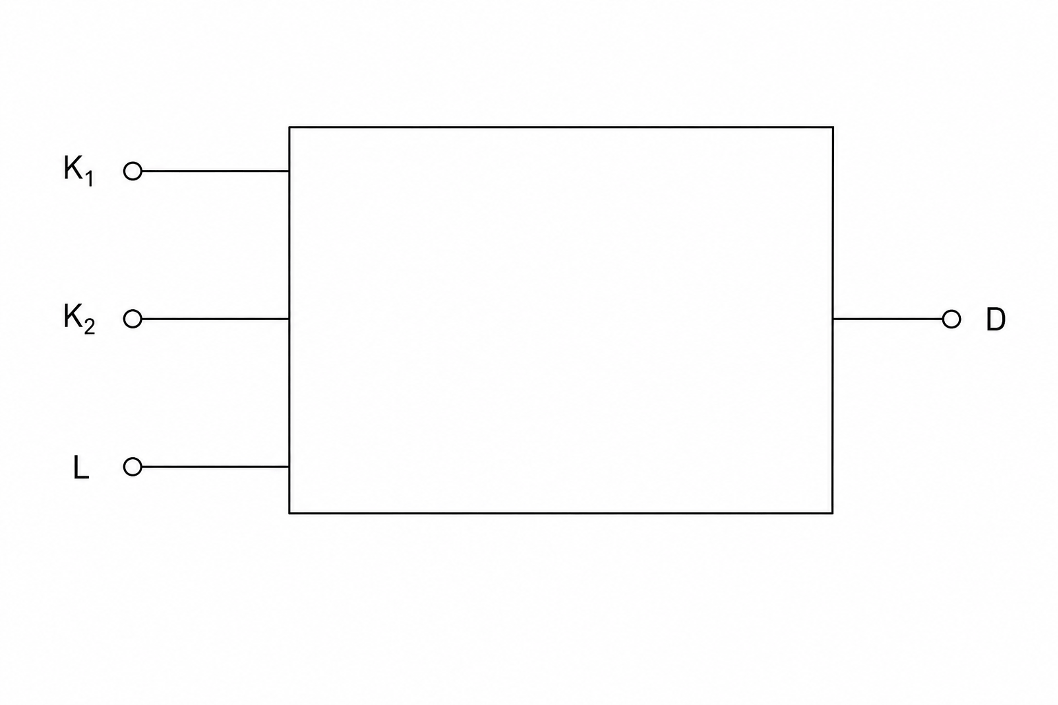 A logic circuit template. On the left side, there are three input terminals labeled K_1, K_2, and L. On the right side, there is one output terminal labeled D. In the center is a blank area for drawing logic gates and connecting wires.