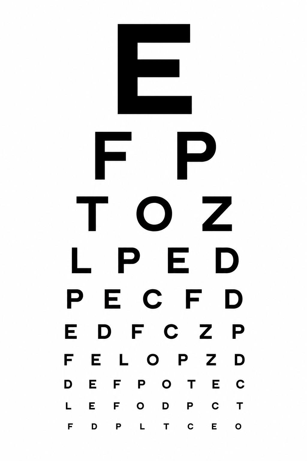 A classic Snellen eye chart with a large letter 'E' at the top and subsequent rows of progressively smaller letters, used for testing visual acuity.