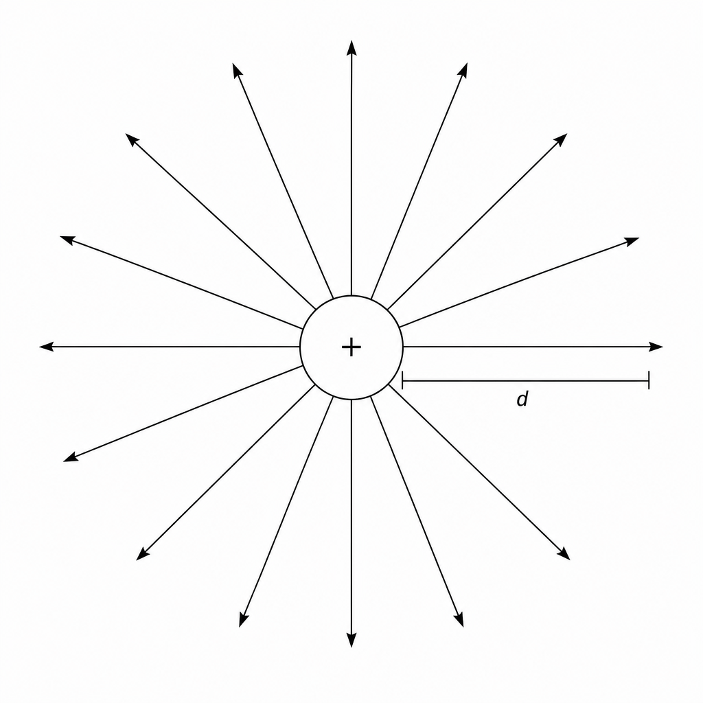 Figure 1: A diagram showing a positively charged metal sphere in the center with a '+' symbol. Straight, radial electric field lines with arrows pointing outwards are shown extending from the surface of the sphere. A horizontal dimension line starting at the sphere's surface and extending to the right is labeled 'd'. The field lines are close together near the sphere and spread further apart as distance 'd' increases.