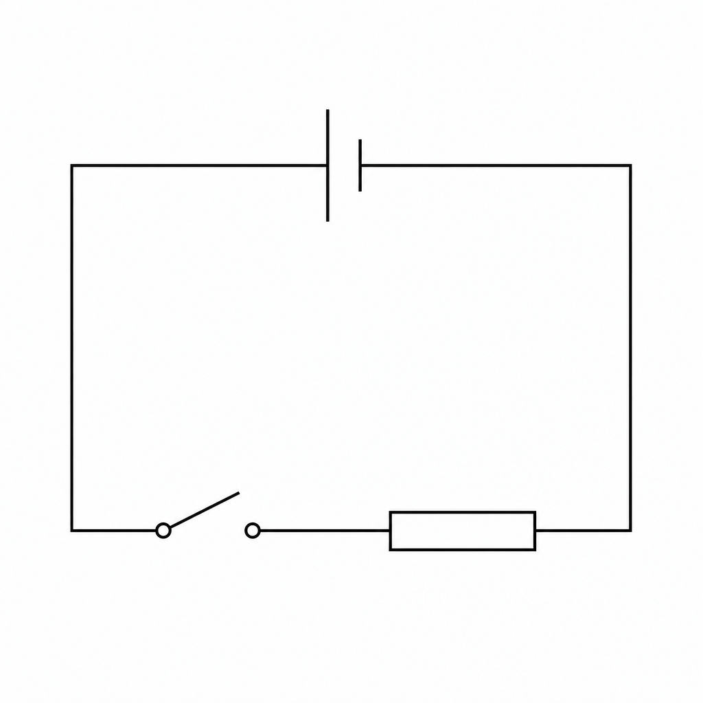 A simple schematic diagram of an electrical circuit with a cell, a switch, and a resistor connected in series. All components are connected in a single loop.