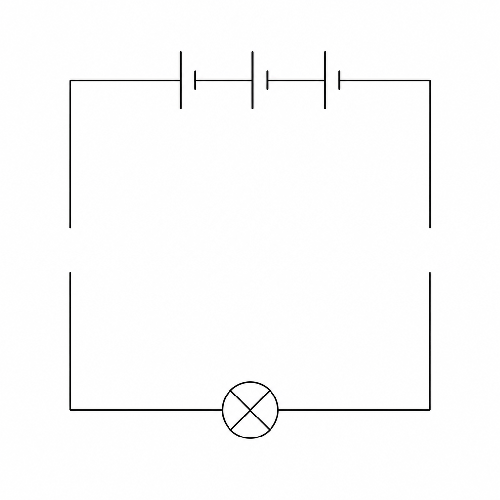 A circuit diagram template showing a three-cell battery at the top, a single lamp symbol (a circle with an 'X' inside) at the bottom, and open terminal wires indicating where other components should be connected.