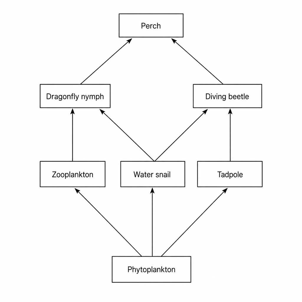 An aquatic food web diagram. At the bottom is 'phytoplankton' (producer). Arrows point from 'phytoplankton' to three primary consumers: 'zooplankton', 'water snail', and 'tadpole'. From 'zooplankton', an arrow points to the secondary consumer 'dragonfly nymph'. From 'tadpole', an arrow points to the secondary consumer 'diving beetle'. From 'water snail', two arrows point upwards: one to 'dragonfly nymph' and one to 'diving beetle'. At the top, a single tertiary consumer 'perch' has arrows pointing to it from both 'dragonfly nymph' and 'diving beetle'.