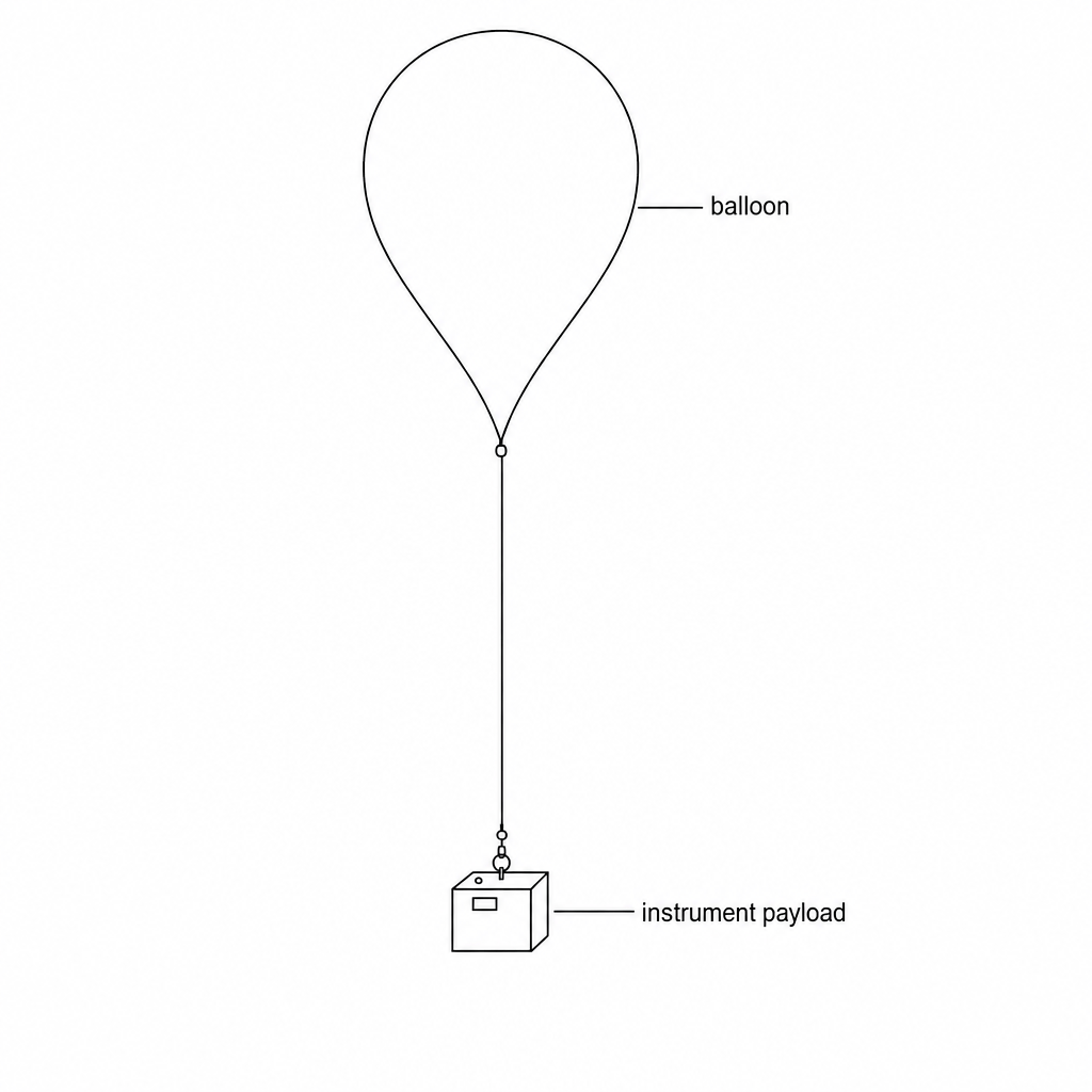 A weather balloon floating in the atmosphere with a small instrument payload suspended underneath by a cable.