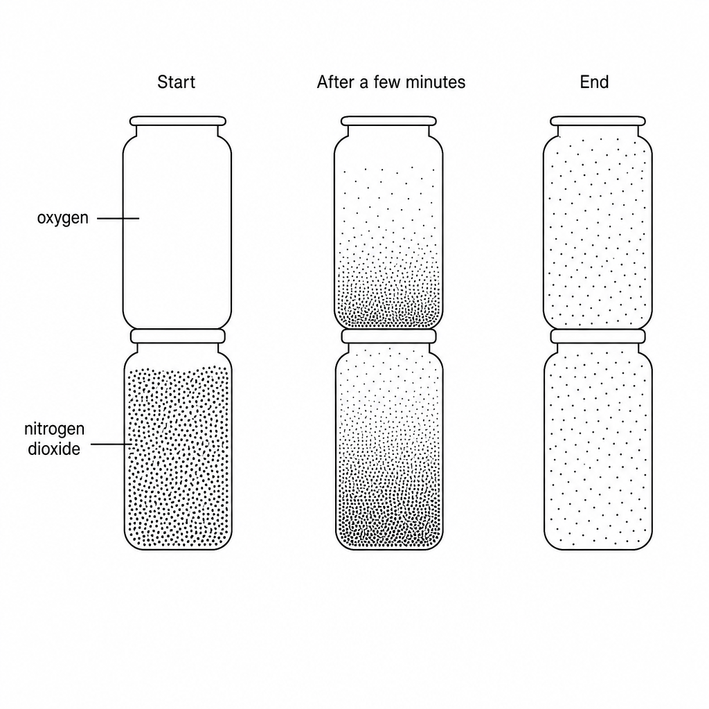 Three vertically stacked pairs of gas jars. In the 'start' pair, the bottom jar contains a dense brown gas labeled 'nitrogen dioxide' and the top jar contains a colorless gas labeled 'oxygen'. In the 'after a few minutes' pair, the brown gas has begun spreading upwards, showing a gradual transition from dark brown at the bottom to light brown in the middle of the upper jar. In the 'end' pair, both jars are completely filled with a uniform light brown color.