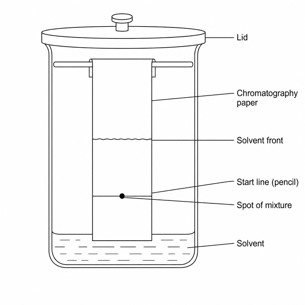 A schematic diagram of paper chromatography showing a glass beaker with a lid, chromatography paper suspended inside with a baseline clearly above the shallow solvent layer, a spot of dye mixture on the baseline, and a solvent front.