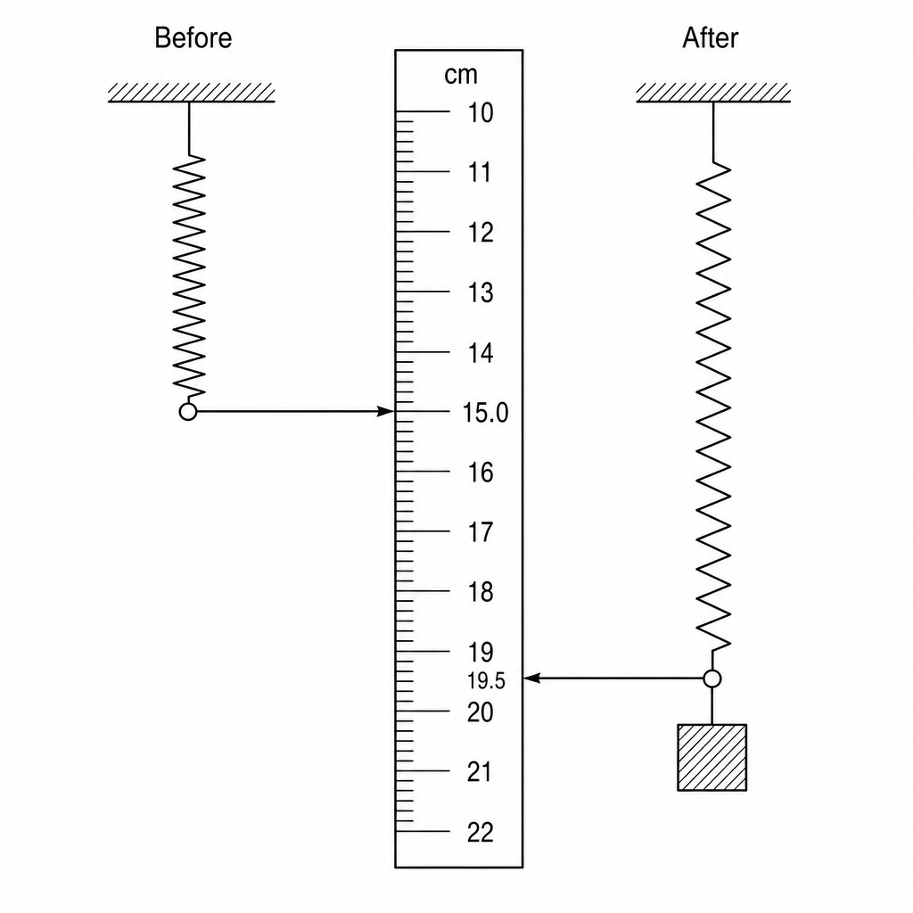 A vertical metre rule marked in centimetres ranges from 10 cm to 22 cm. On the left under 'Before', an unloaded spring hangs with a pointer at its bottom aligning exactly with the 15.0 cm mark. On the right under 'After', a mass is attached to the spring, stretching it downward so that the pointer now aligns exactly with the 19.5 cm mark.