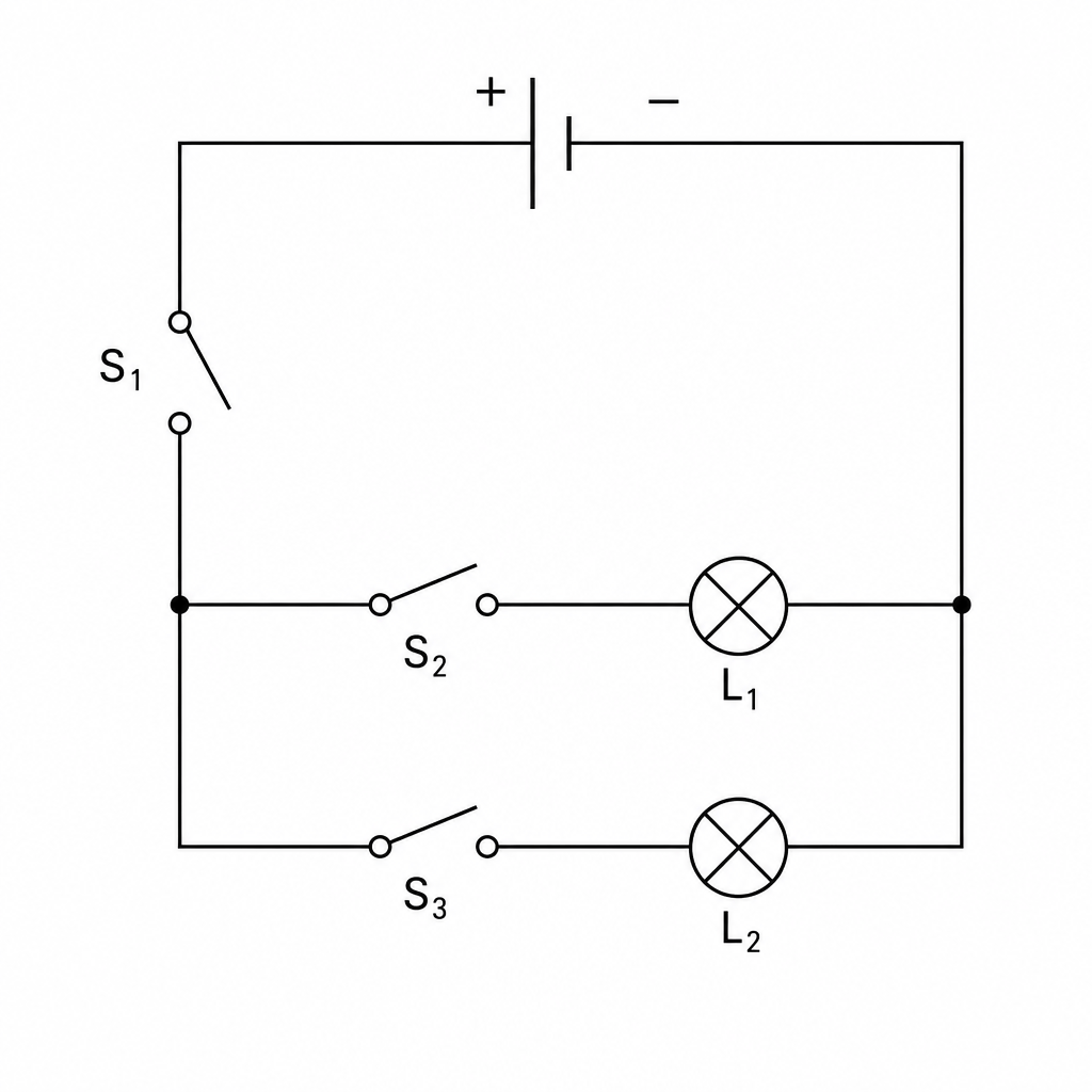 A circuit diagram with a cell at the top. The positive terminal of the cell is on the left. A wire goes down from the left side to a single-pole switch labeled S_1. After this switch, the wire splits into two parallel branches. The top parallel branch contains a switch S_2 in series with a lamp labeled L_1. The bottom parallel branch contains a switch S_3 in series with a lamp labeled L_2. On the right, the two parallel branches recombine into a single wire that connects back to the negative terminal of the cell.