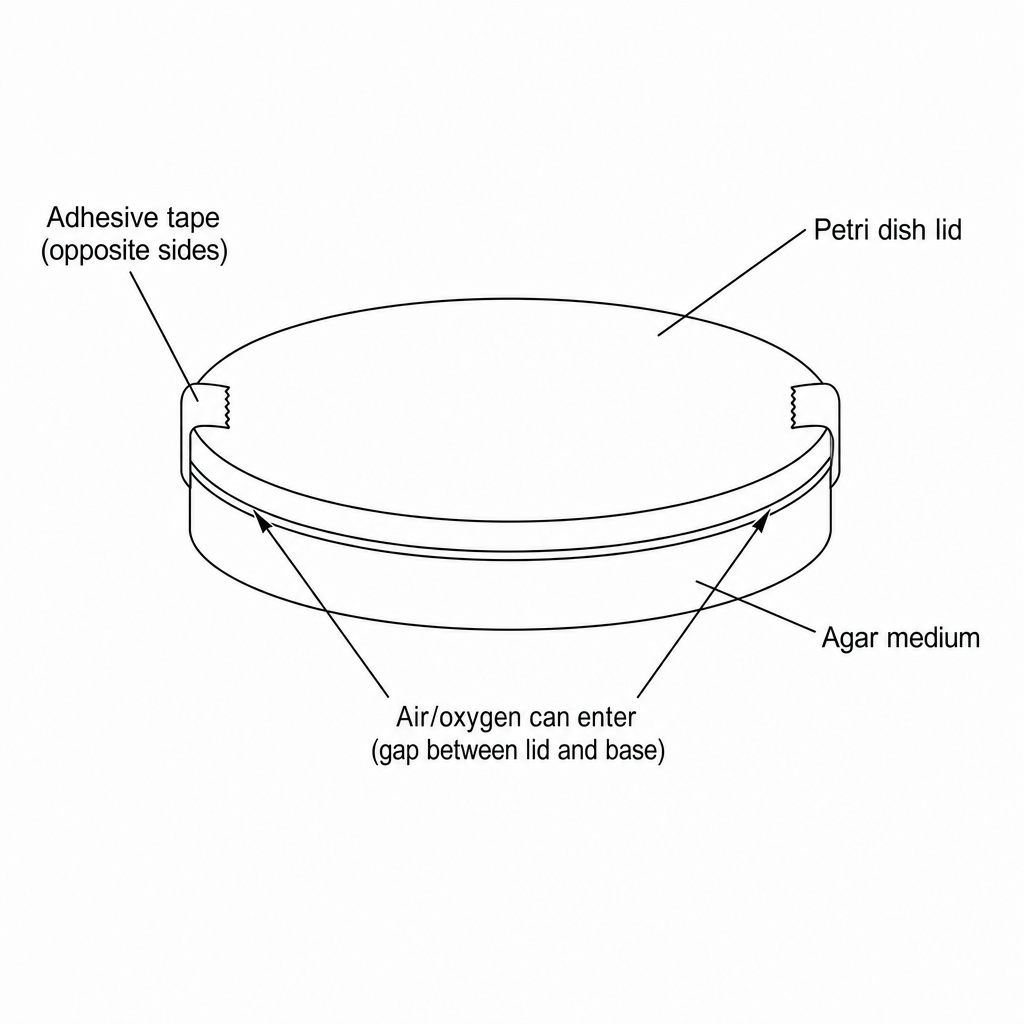 Diagram showing a Petri dish with two pieces of adhesive tape holding the lid on