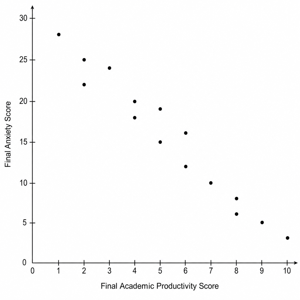 Scattergram showing a strong negative correlation between final academic productivity scores on the x-axis ranging from 0 to 10 and final anxiety scores on the y-axis ranging from 0 to 30 for 15 student participants at the end of the MBSR program. Data points show that higher academic productivity corresponds with lower anxiety scores.