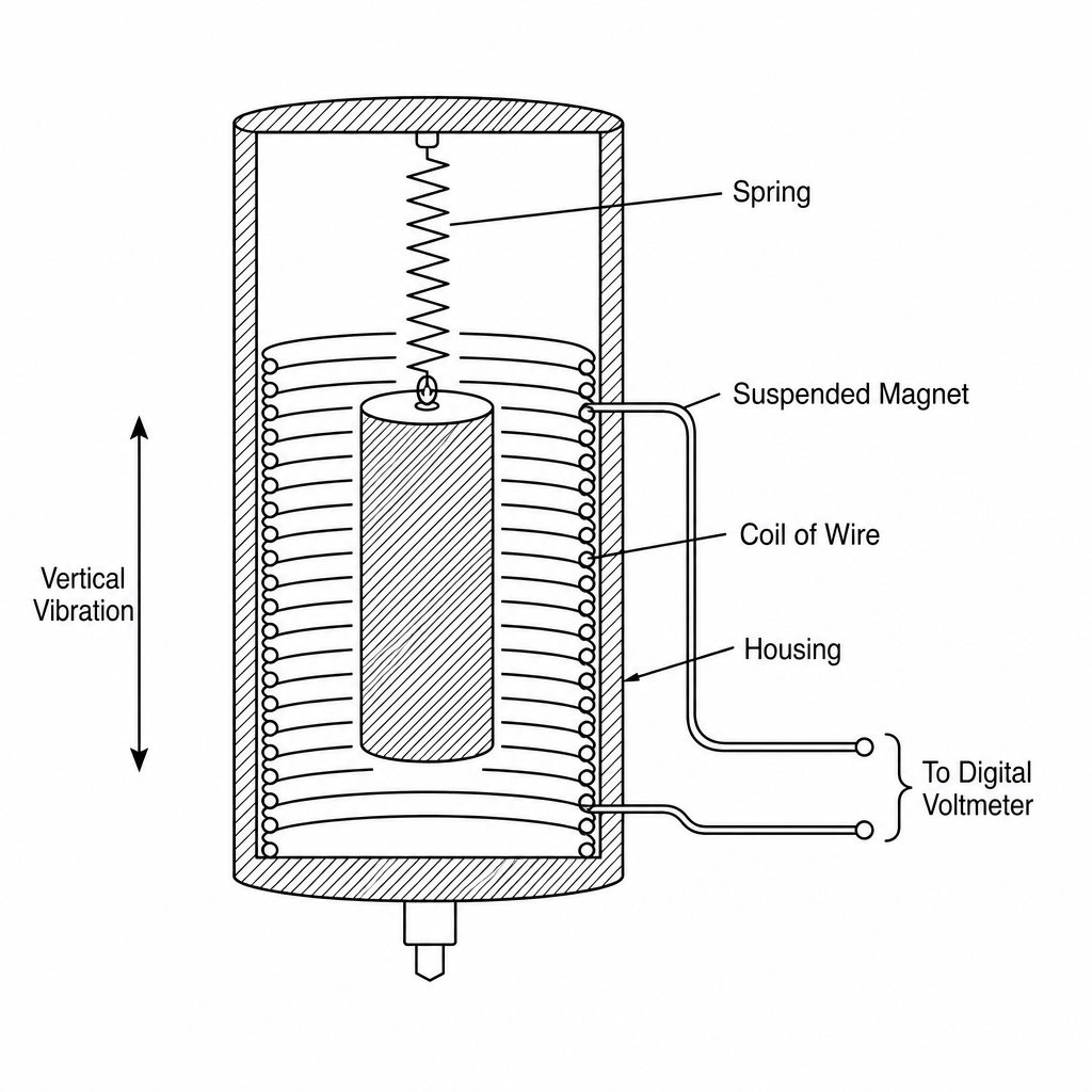 A simplified cross-sectional diagram of a geophone showing a suspended magnet inside a coil of wire connected to a digital voltmeter.