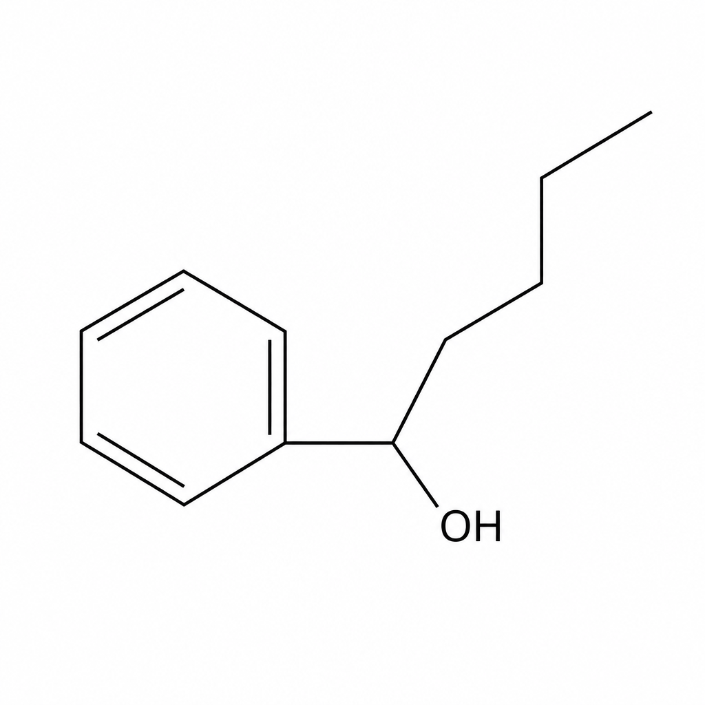 Chemical structure of 1-phenylbutan-1-ol. It consists of a central CH group attached to a phenyl ring on the left, a hydroxyl (OH) group pointing downwards to the right, and a propyl (CH2CH2CH3) group pointing upwards to the right.