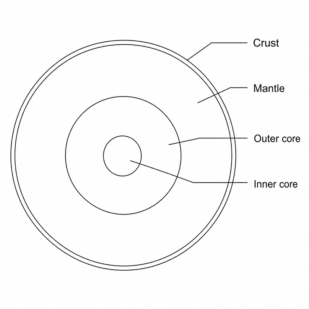Concentric circles showing the layered internal structure of the planet Aegis-7. From the outside in, the layers are labelled: Crust, Mantle, Outer core, and Inner core. Lines point from the respective labels to the concentric layers: Crust is the outermost ring, Mantle is the thick layer beneath the crust, Outer core is the layer surrounding the central circle, and Inner core is the innermost solid circle at the center.