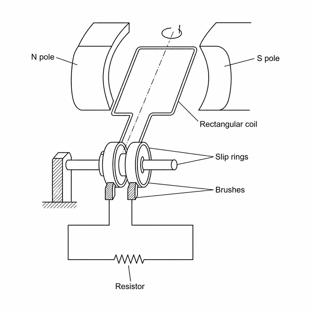 An alternator featuring a rectangular coil mounted on an axis of rotation between the curved north and south poles of a permanent magnet. The two ends of the coil are connected to two separate, continuous slip rings. Carbon brushes press against the slip rings, connecting them to an external circuit containing a resistor.