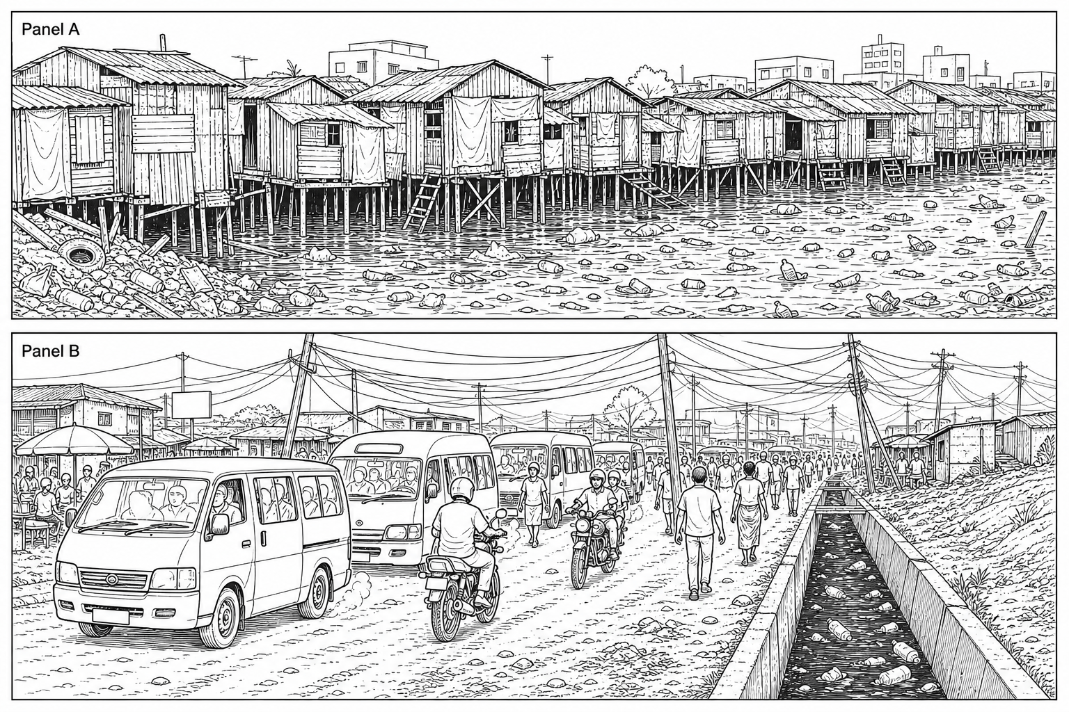 Fig. 1: Two illustrations of urban scenes in Monrovia, Liberia. Panel A shows an informal settlement built on stilts over a heavily polluted body of water with abundant floating waste. Panel B shows a congested dirt road with informal transport, an open concrete drainage channel containing waste, and a chaotic network of overhead utility cables.