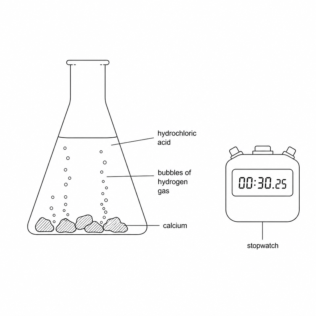 A conical flask containing 40\text{ cm}^3 of hydrochloric acid and 0.2\text{ g} of calcium. Gas bubbles of hydrogen are rising from the reaction. A digital timer nearby displays a stopwatch.