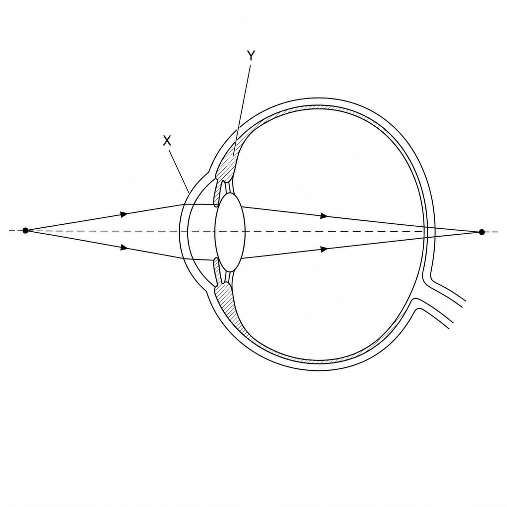 Figure 1 shows a cross-section of a human eye. Labels X and Y point to parts of the eye. Label X points to the clear outer layer at the very front of the eye (cornea). Label Y points to the muscle ring attached to the suspensory ligaments (ciliary muscles). Light rays originating from a near object are shown passing through the front of the eye and the lens, and converging at a focal point that lies behind the retina at the back of the eyeball. Marks indicate the path of the light rays.