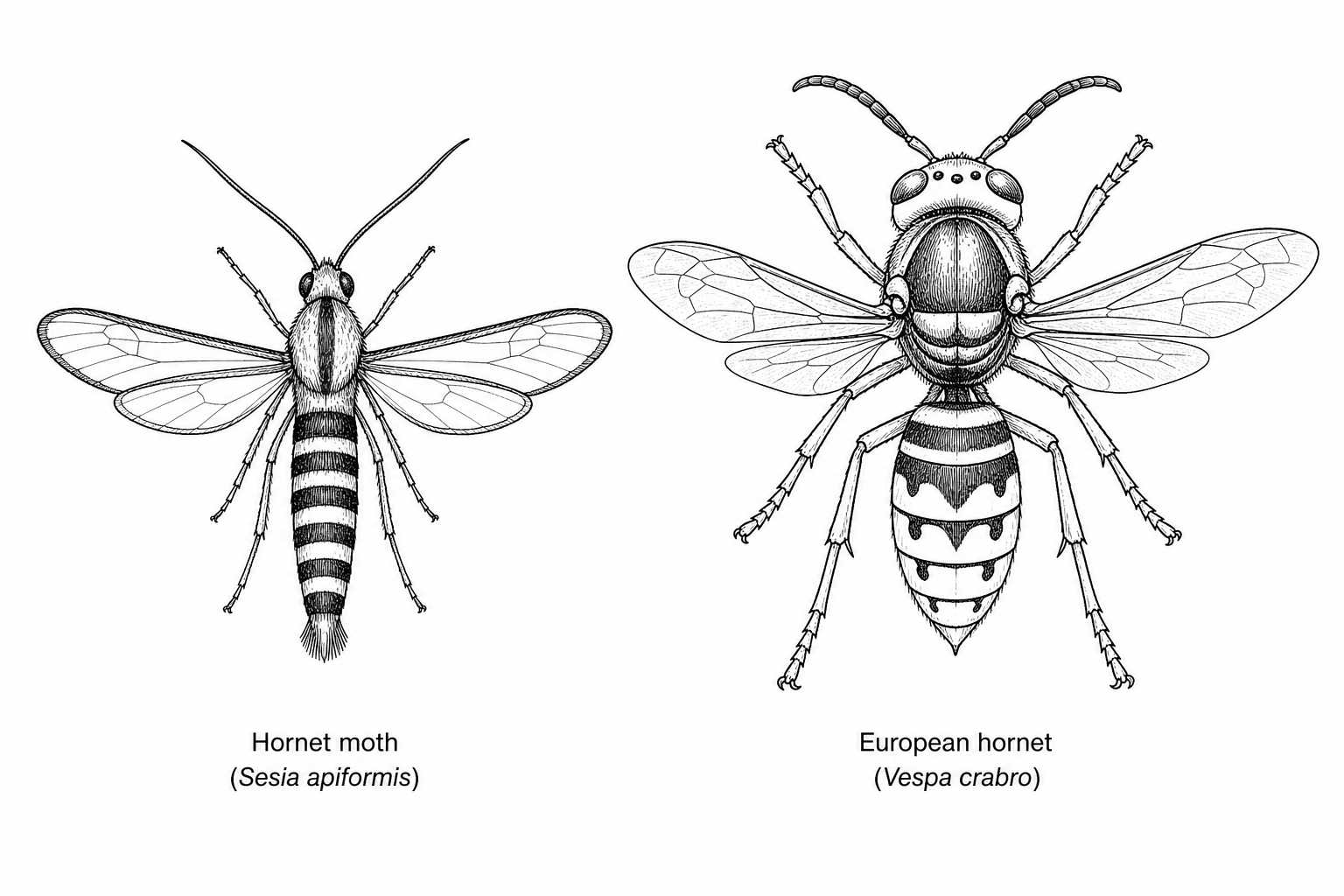 A scientific illustration comparing a hornet moth on the left and a European hornet on the right, showing how they look very similar due to mimicry.