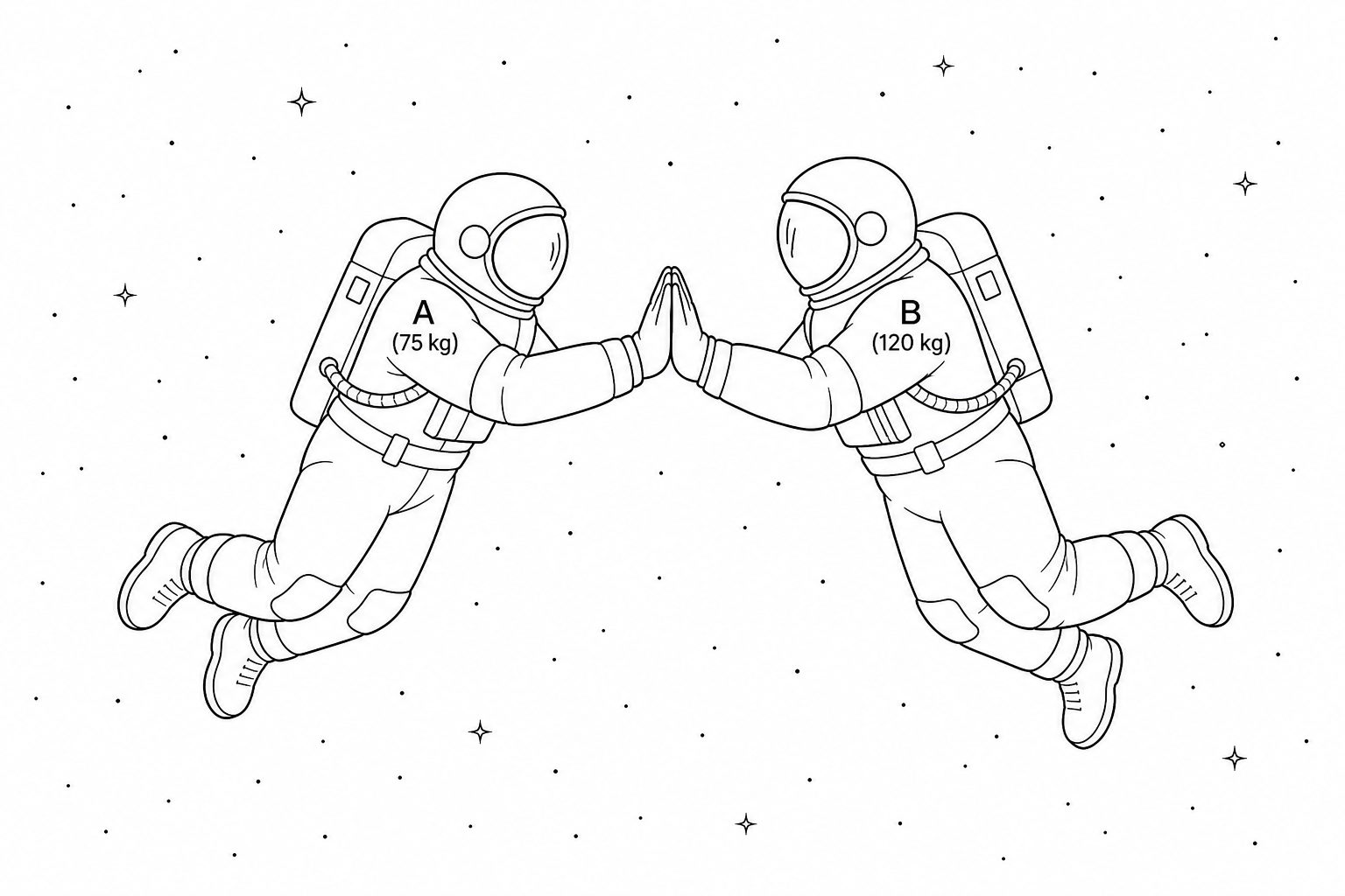 Two astronauts, labeled A (75 kg) and B (120 kg) respectively, floating in space with hands touching ready to push off.