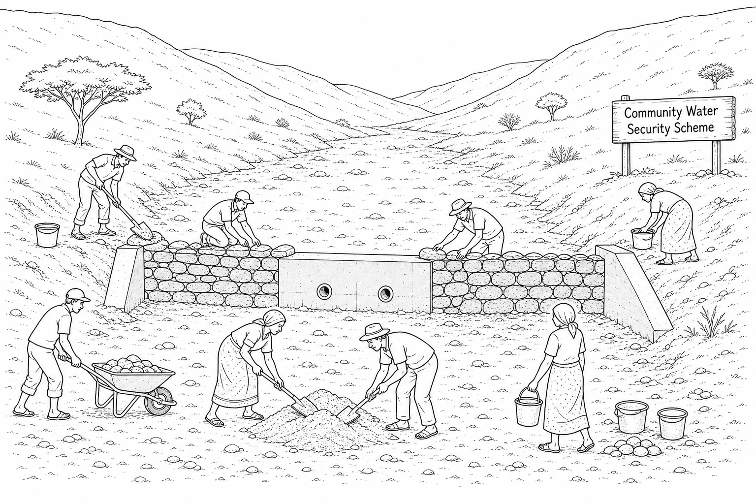 Figure 2b: A community-led rainwater harvesting sand dam under construction in a dry, semi-arid rural valley. Local villagers, including men and women, are working together using simple hand tools like shovels, buckets, and wheelbarrows to build a low concrete and stone wall across a sandy, dry riverbed. There are no large cranes or heavy machinery. A simple, hand-painted wooden sign on the bank reads 'Community Water Security Scheme'.