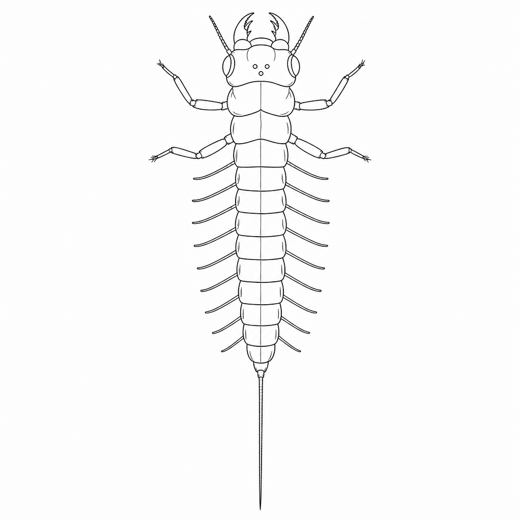 An aquatic macroinvertebrate larva with three pairs of legs, lateral filaments on its segmented abdomen, and a single long tail.