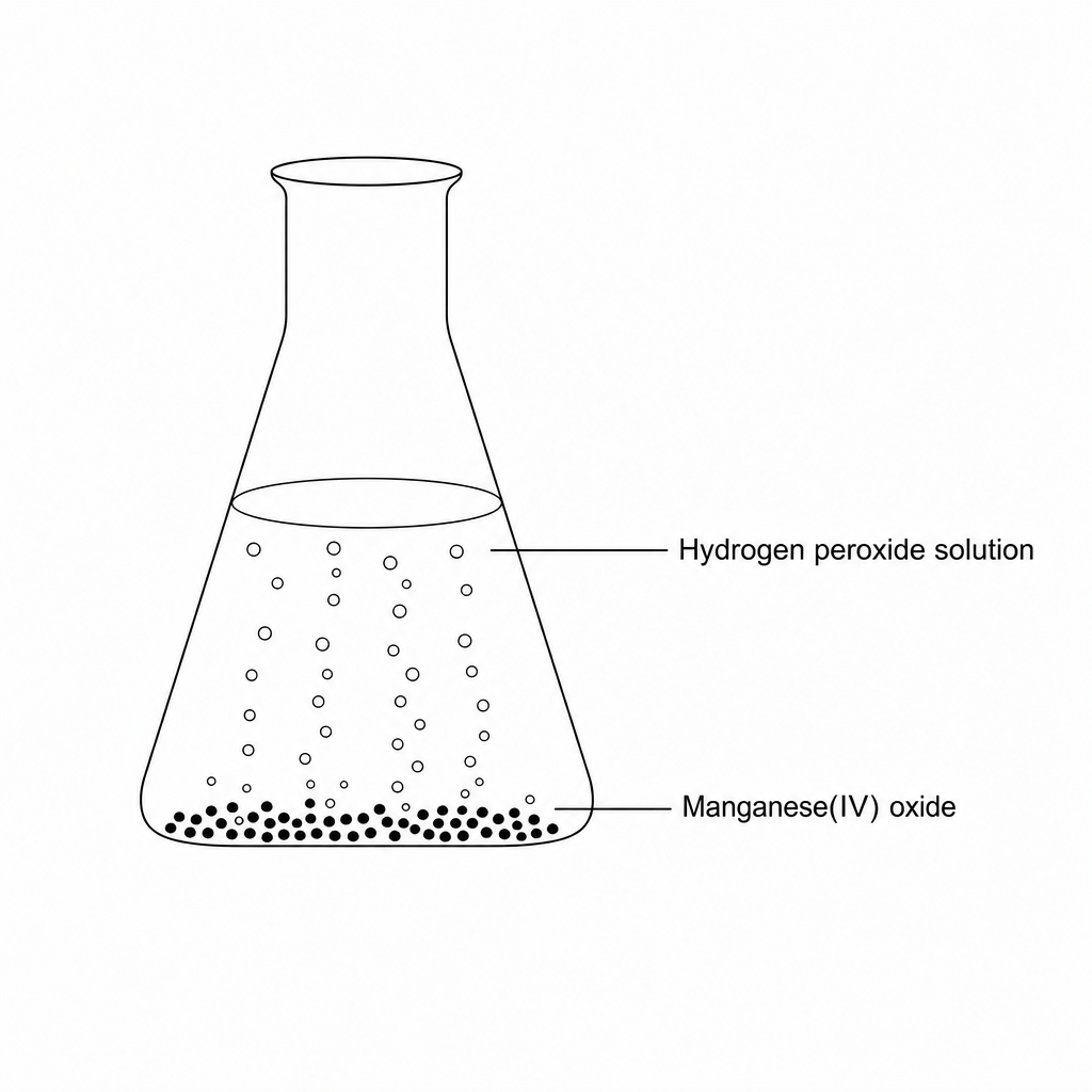 Figure 1: Open conical flask containing hydrogen peroxide solution and manganese(IV) oxide catalyst.