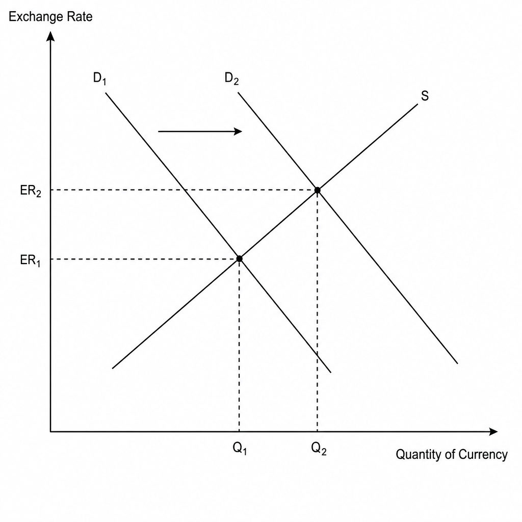 Diagram of a floating exchange rate market showing the demand curve for the currency shifting from D1 to D2, leading to an increase in the equilibrium exchange rate from ER1 to ER2 against an unchanged supply curve S.
