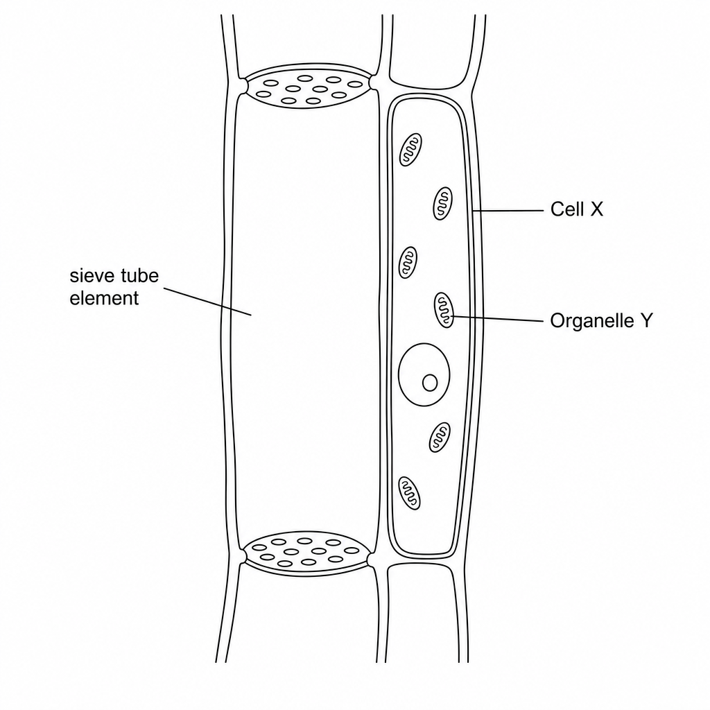 A diagram showing a longitudinal section of phloem tissue, illustrating a sieve tube element, Cell X, and Organelle Y.