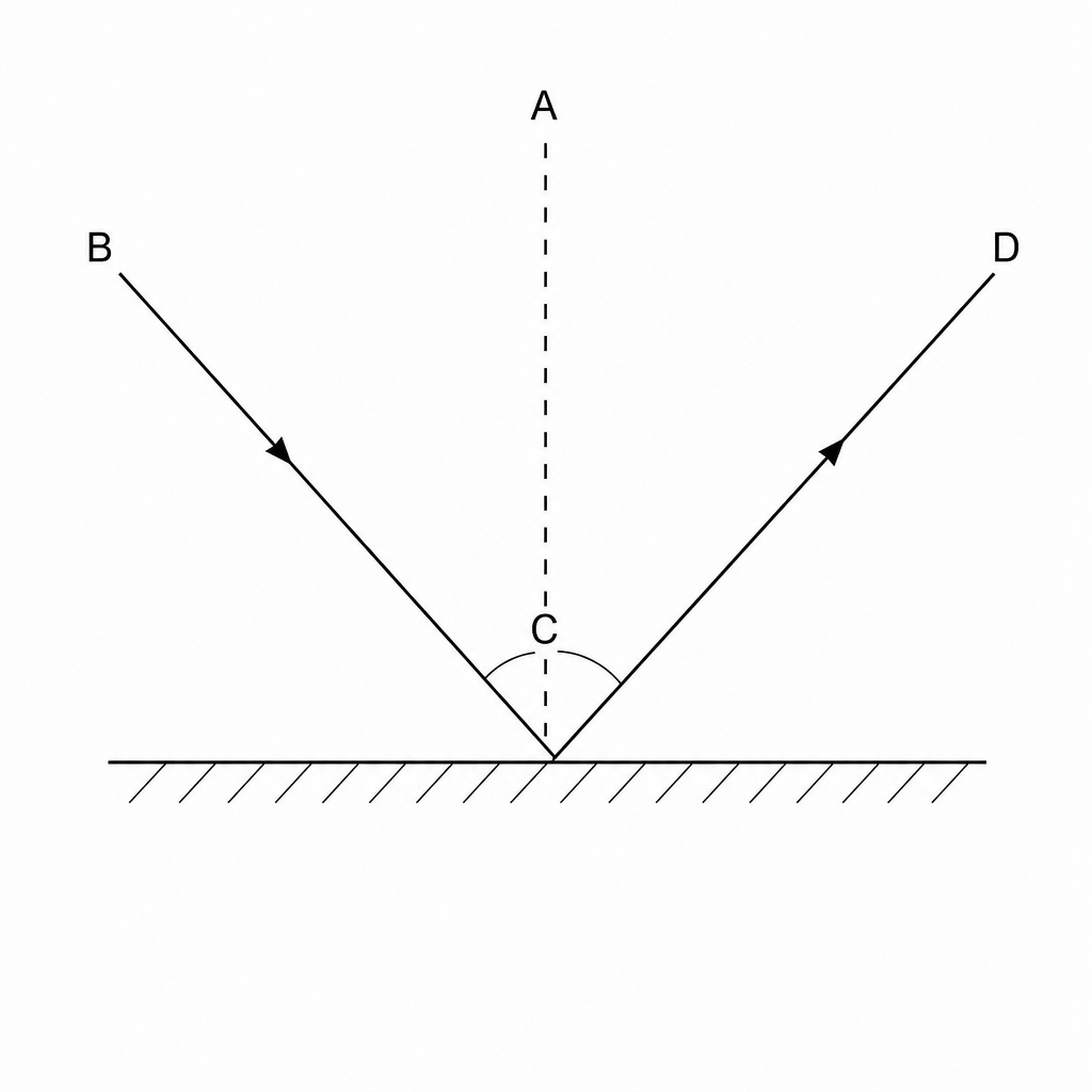 A ray diagram showing a horizontal plane mirror with short diagonal hatchings on its underside. A dashed vertical line perpendicular to the mirror surface is labeled A. An incoming light ray strikes the mirror at the point where line A meets the mirror. This incoming ray is labeled B. The angle between the incoming ray B and the dashed line A is labeled C. The reflected ray traveling away from the mirror to the top-right is labeled D.