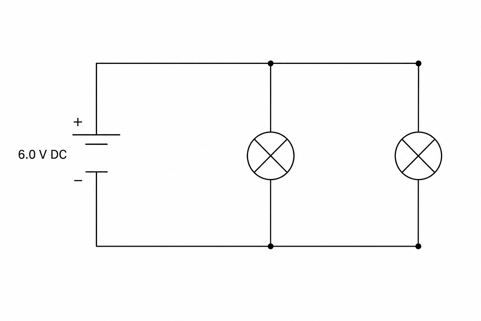 A diagram showing a 6.0 V dc power supply connected via two parallel connecting wires to two identical lamps connected in parallel. Each lamp is represented by a circle with an inscribed cross.
