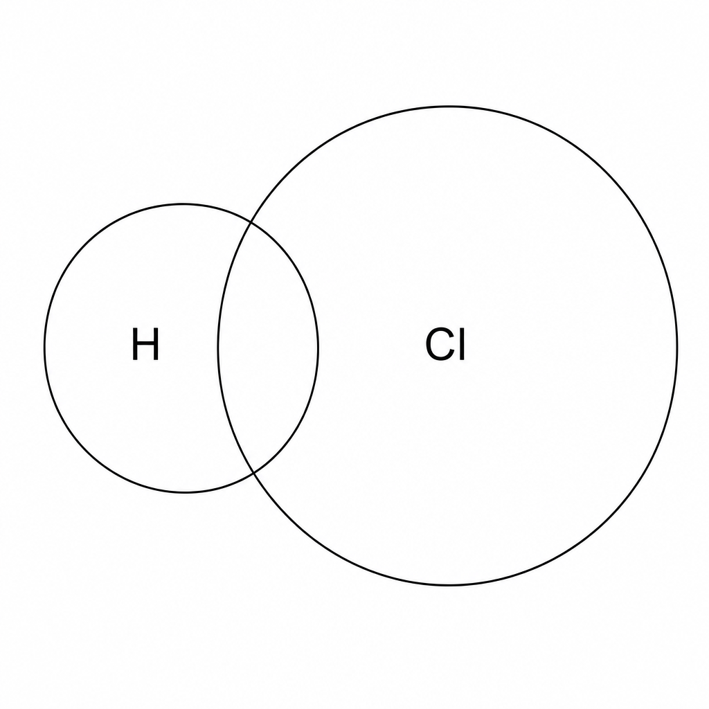 Overlapping circles representing hydrogen and chlorine.