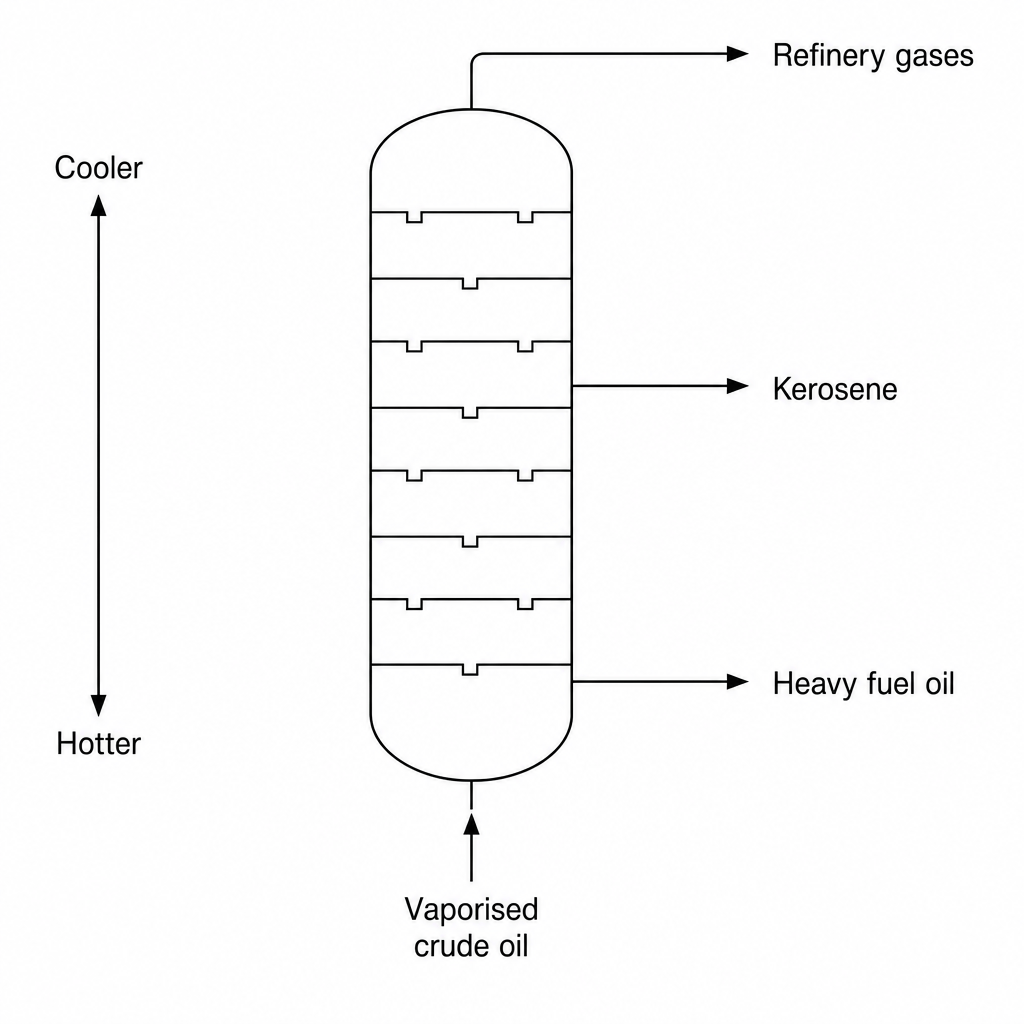 A simplified fractional distillation column showing refinery gases at the top, kerosene in the middle, and heavy fuel oil near the bottom.